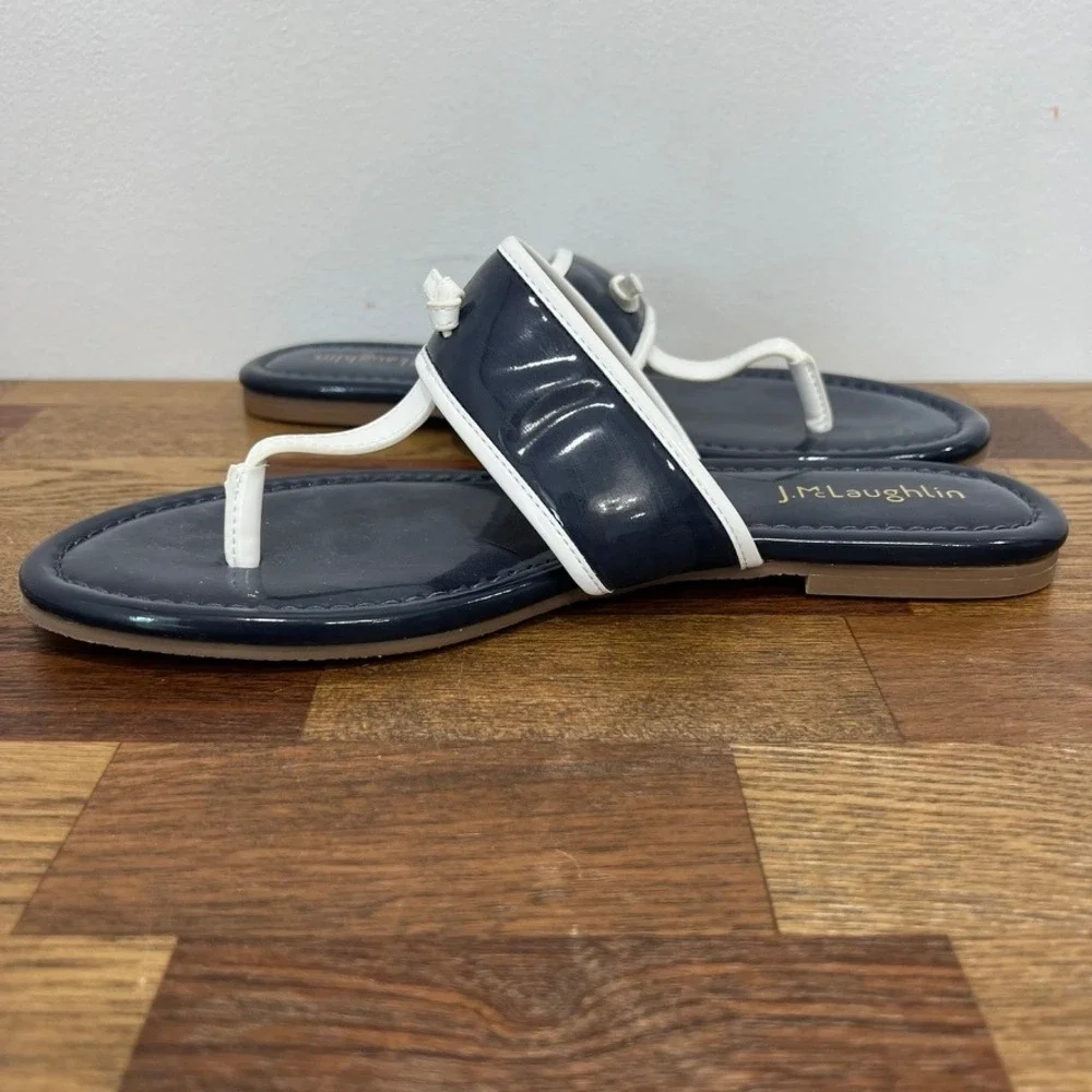 J Mclaughlin Leslie Sandal 8.5 Navy‎ Patent Leather Thong Summer Nautical Strap